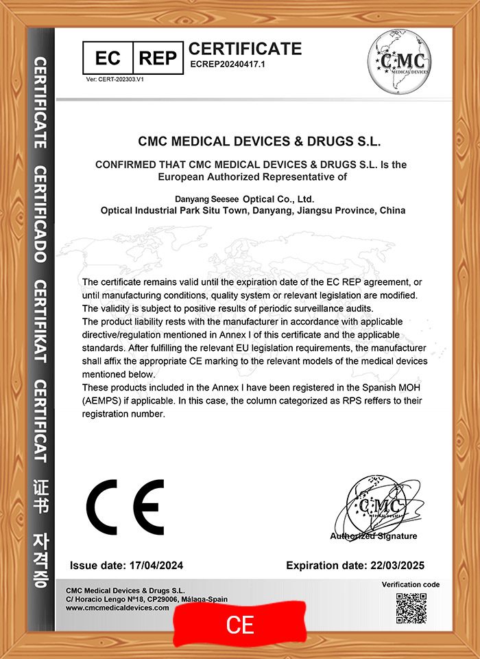 Scan of the CMC Medical Devices and Drugs EC REP certificate ECREP20240417.1 naming CMC as European authorised representative of Danyang Seesee Optical Co., Ltd.