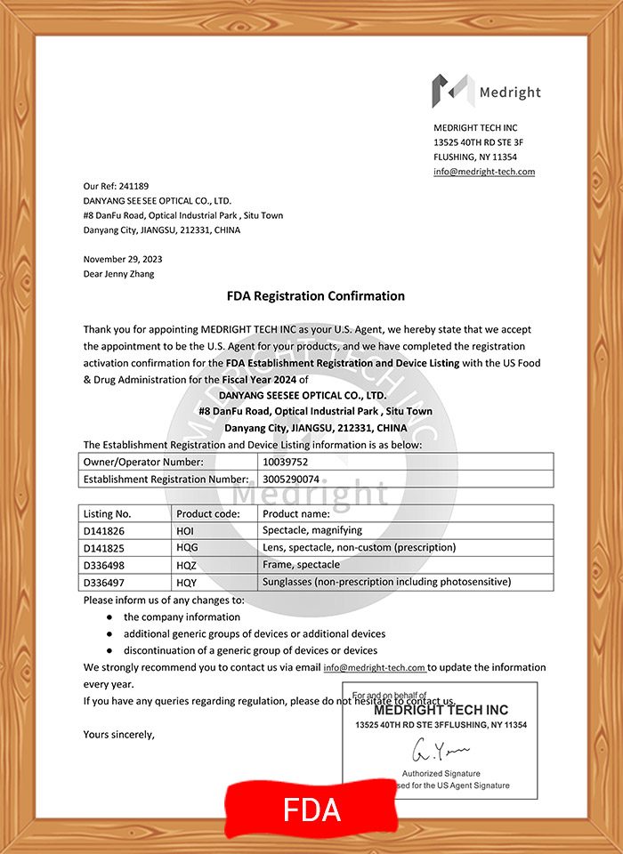 Scan of the Medright Tech letter of 29 November 2023 confirming FDA establishment registration 3005290074 for Danyang Seesee Optical Co., Ltd.