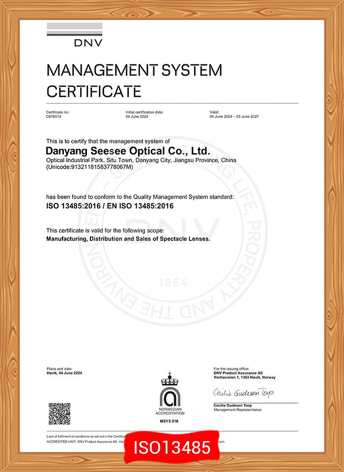 Scan of the DNV ISO 13485:2016 certificate C678014 issued to Danyang Seesee Optical Co., Ltd.