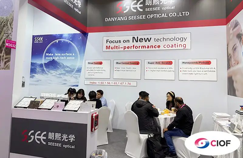Seesee booth at CIOF in Beijing with a wall reading Focus on New technology, Multi-performance coating