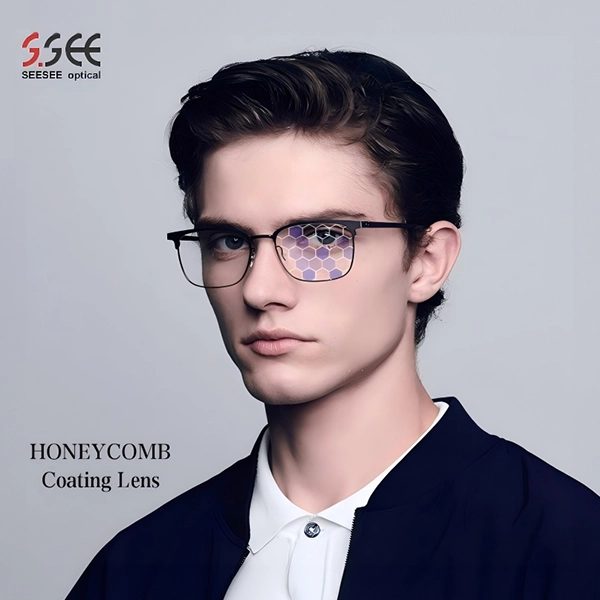 A man wearing glasses with honeycomb coating lenses, Seesee product photograph