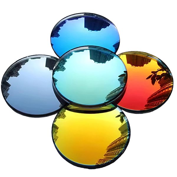 A cluster of mirror-coated polarized lenses in blue, orange, red, yellow and grey